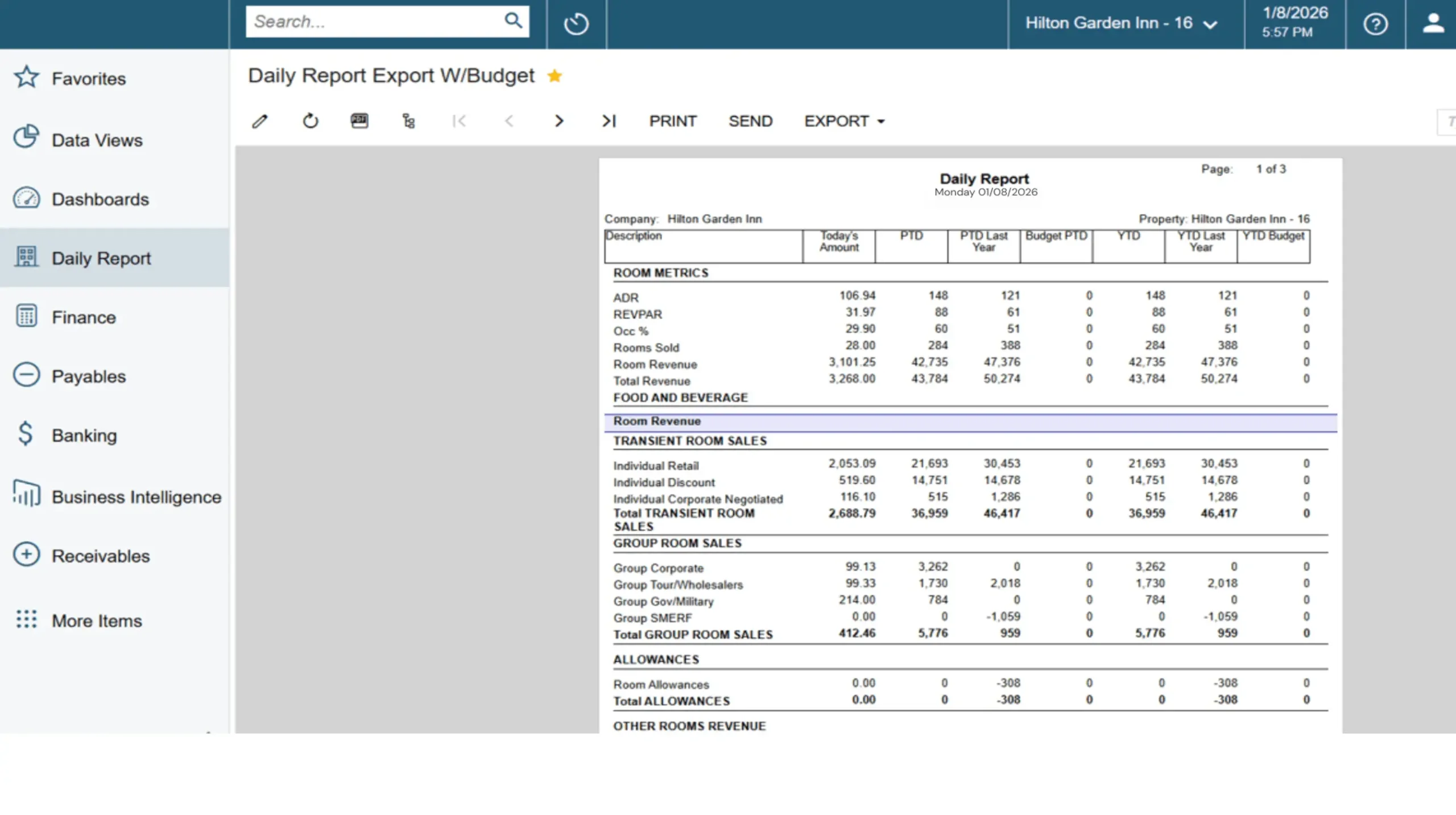 Screen shot: HIA hospitality daily reports