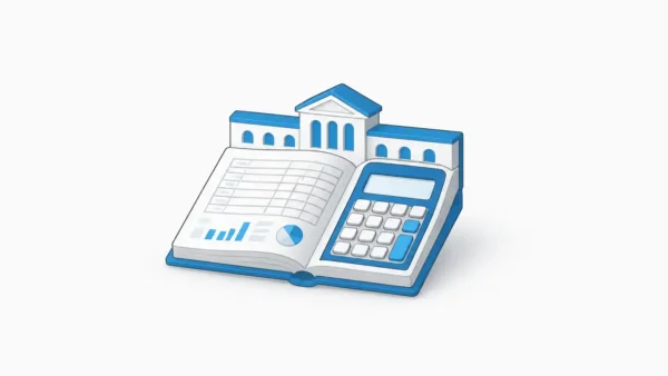 Featured image for hotel accounting software showing a single hospitality accounting ledger and calculator object.