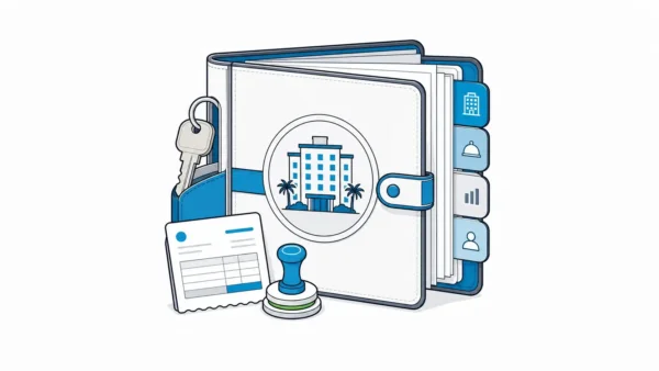 Featured image for hotel management software showing a centered HIA editorial operations binder with room-key, approval, and portfolio details.
