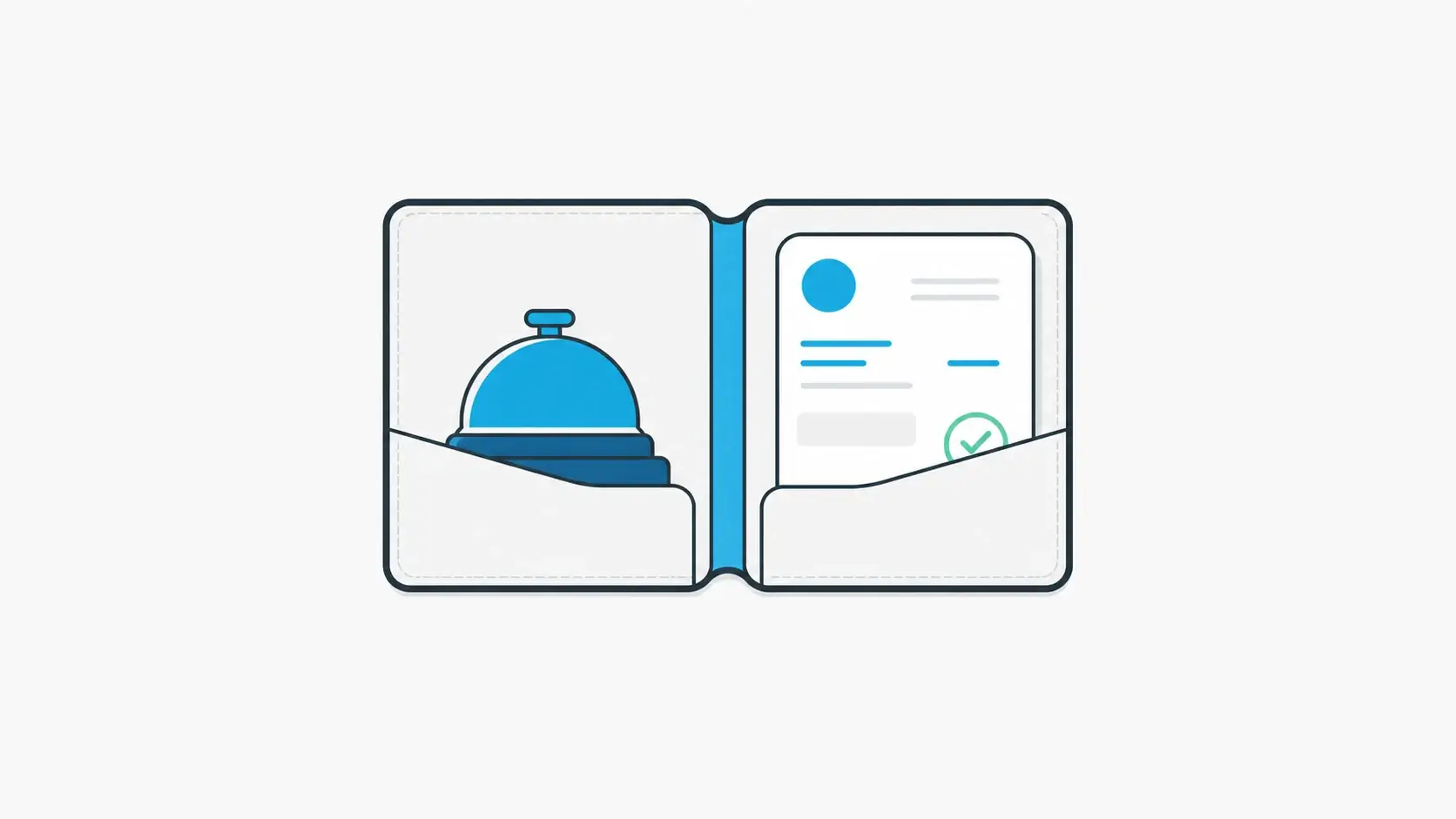 Hotel management software illustration showing one centered operations folio connecting front desk work and finance approval context.