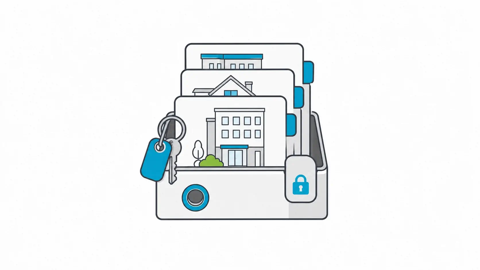 Hotel management software illustration showing one centered portfolio source-of-truth tray with property cards, room key, and permission detail.
