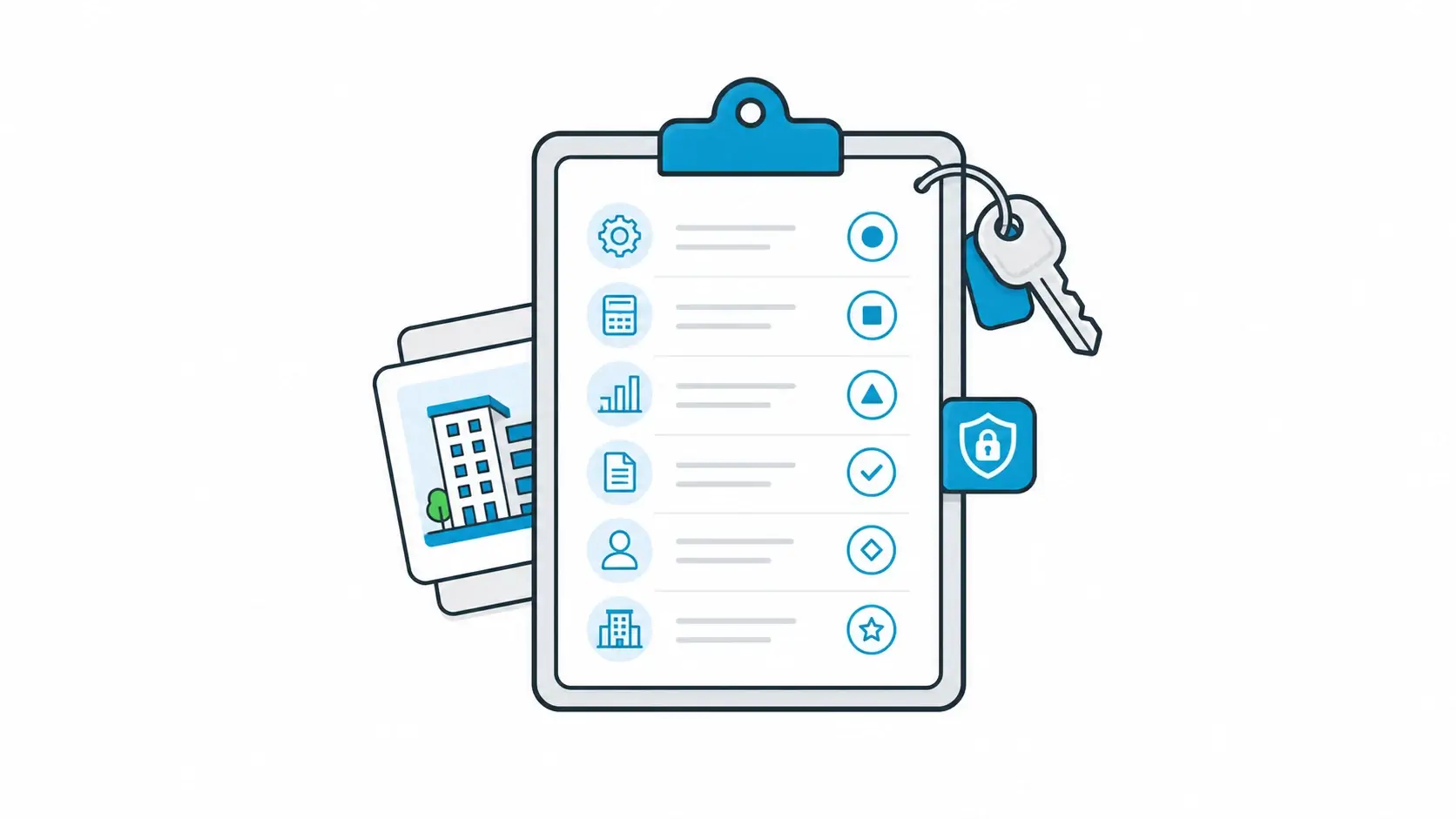Hotel management software illustration showing one centered evaluation clipboard with room key, property card, and permission detail.
