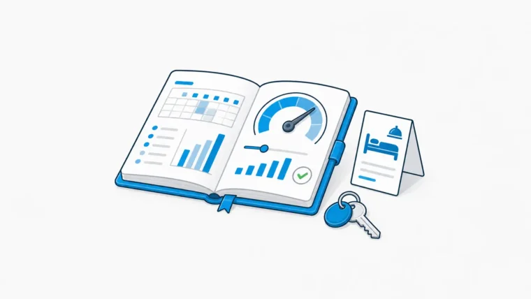 Featured image for hotel revenue management software showing an open forecasting folio, pricing gauge, card tent, and room key without a hotel building.