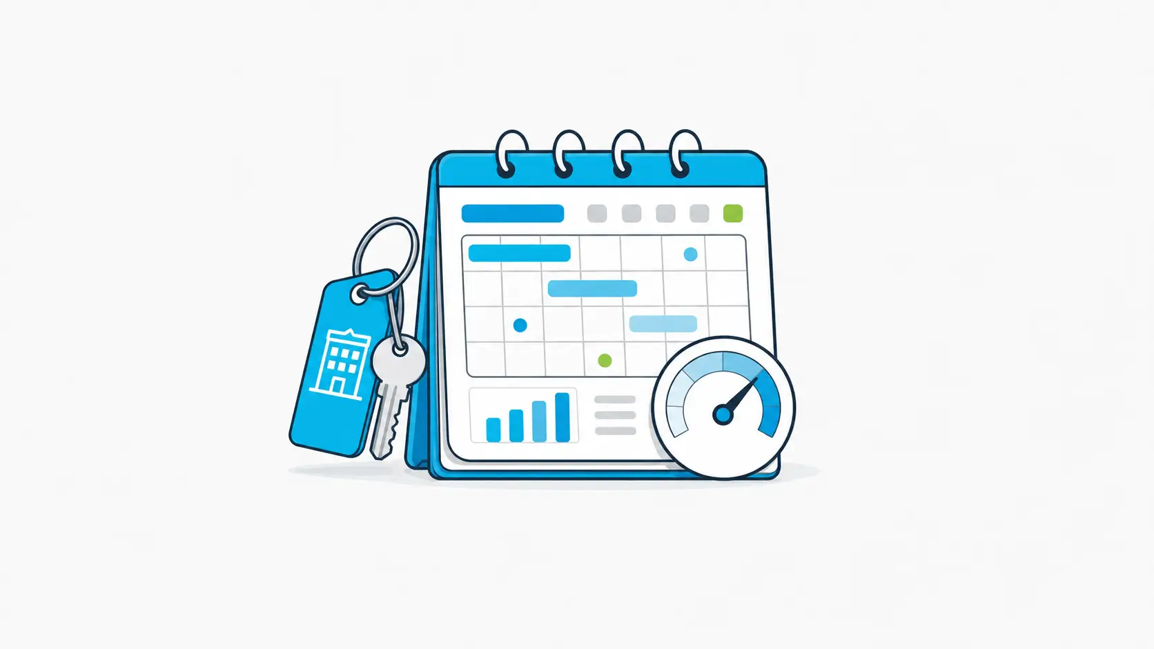 Hotel revenue management software on-the-books calendar folio with a room key and forecast gauge.