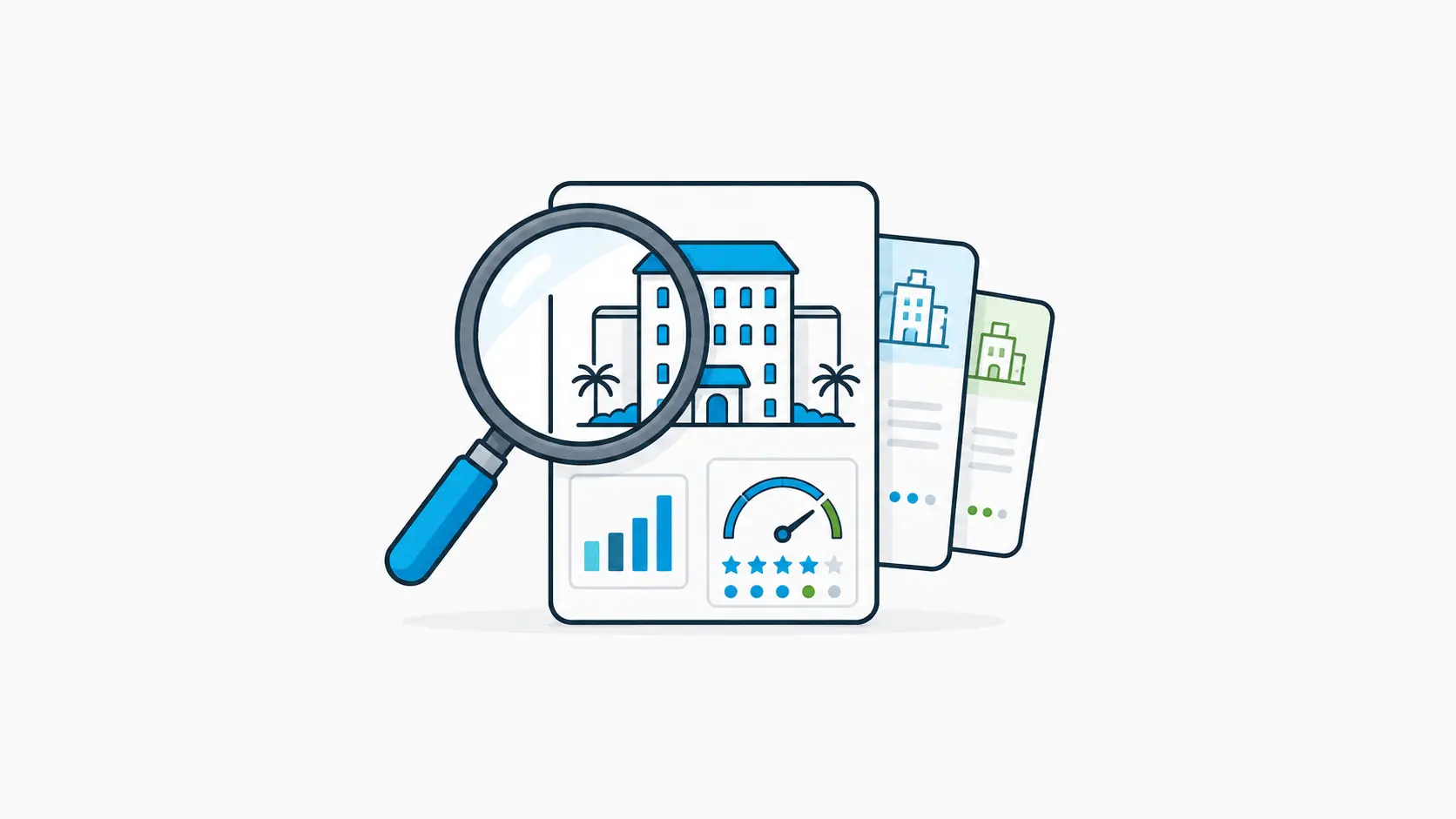 Hotel revenue management software market context lens showing a hotel property card with rate and reputation signals.