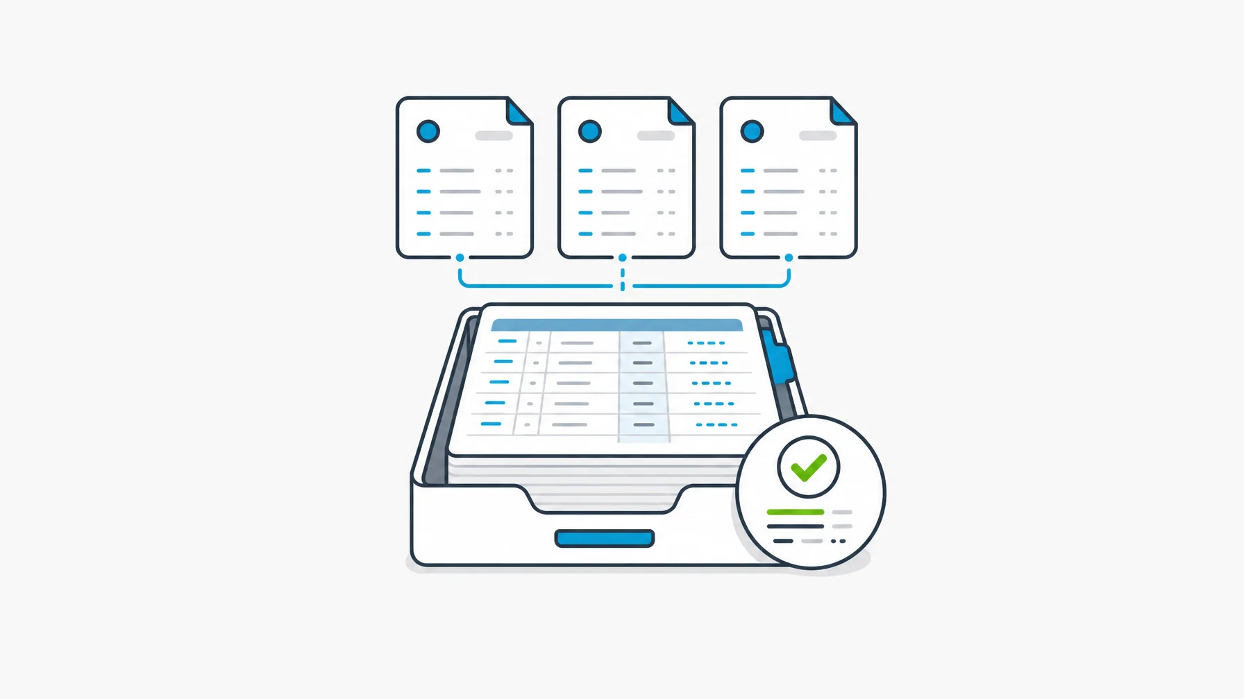 Financial reporting software ledger tray connected to daily report cards and a reconciliation check object.