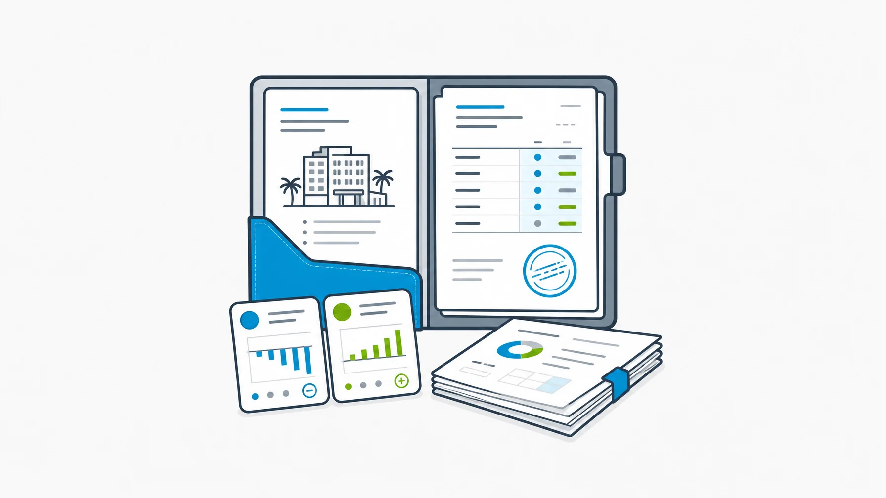Owner review folio with budget variance cards, approval stamp, and clean financial reporting packet.