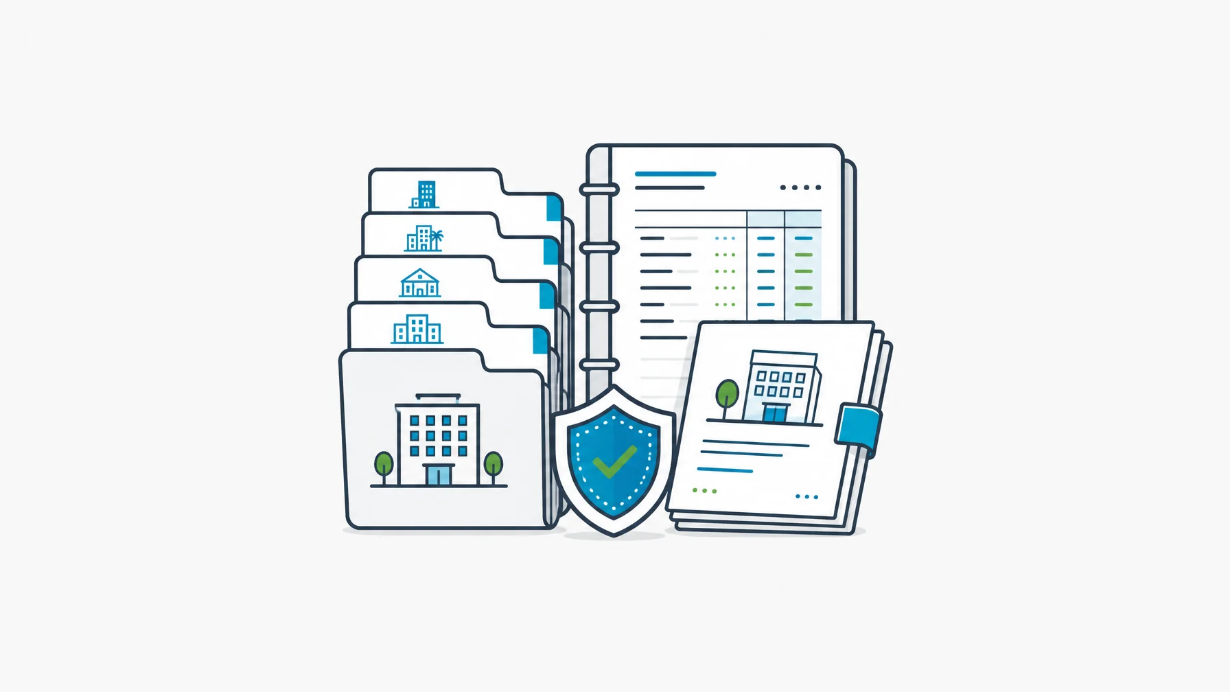 Portfolio property-tab file beside a governed financial reporting ledger and owner packet.