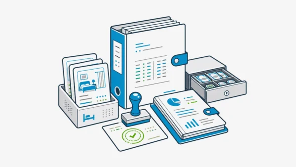 Hospitality accounting close binder with room revenue cards, AP approval stamp, bank drawer, and owner-reporting folio.