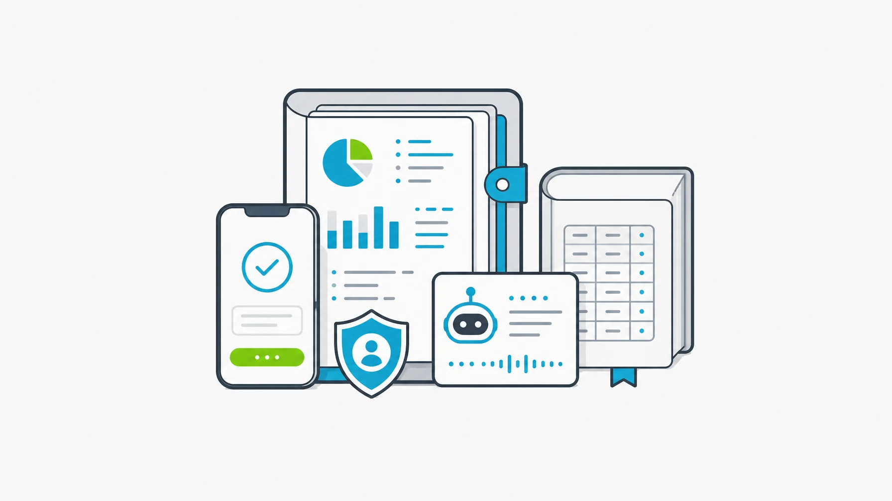 Governed BI folio with mobile approval tile and AI assistant card.