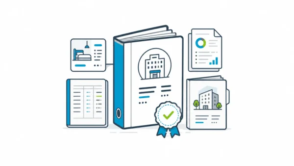 Hospitality software source-of-truth binder with PMS card, finance ledger, approval seal, BI folio, and owner reporting packet.