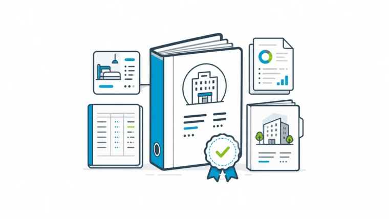 Hospitality software source-of-truth binder with PMS card, finance ledger, approval seal, BI folio, and owner reporting packet.
