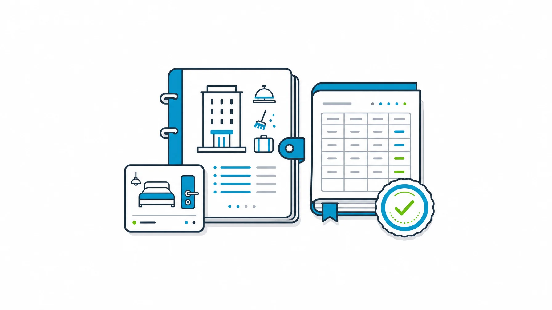 Hospitality software daily operations folio connected to a clean finance ledger and approval seal.