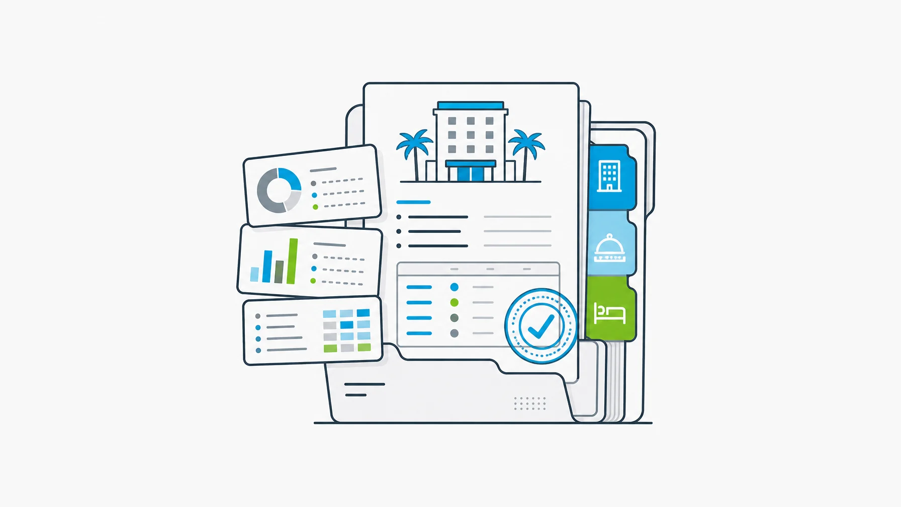Hotel asset management owner-review packet with budget variance cards, approval stamp, and property-tab file.