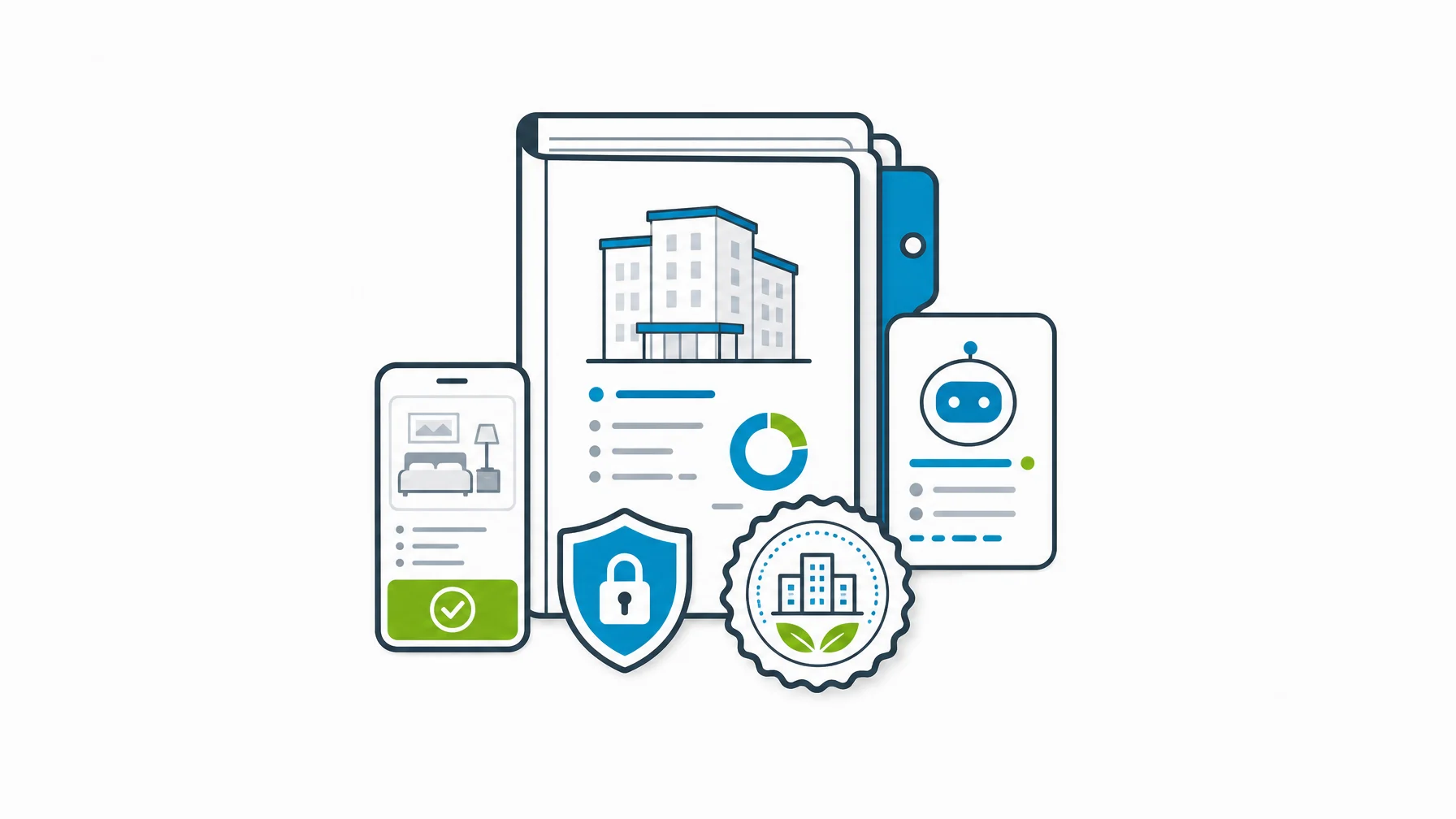 Hotel asset management BI folio with mobile approval tile, governed AI assistant card, and portfolio review seal.