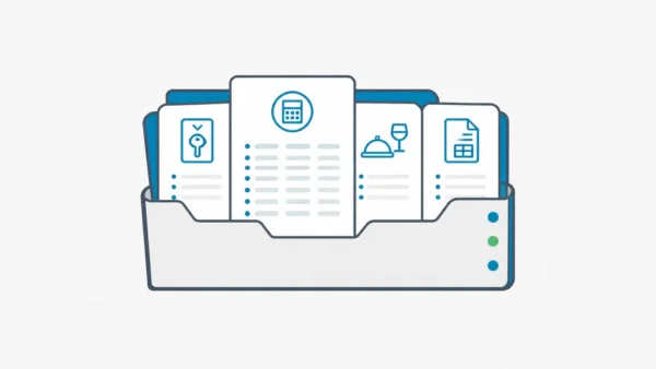 Hotel budgeting source-of-truth binder with planning slips, property tabs, and owner packet details.