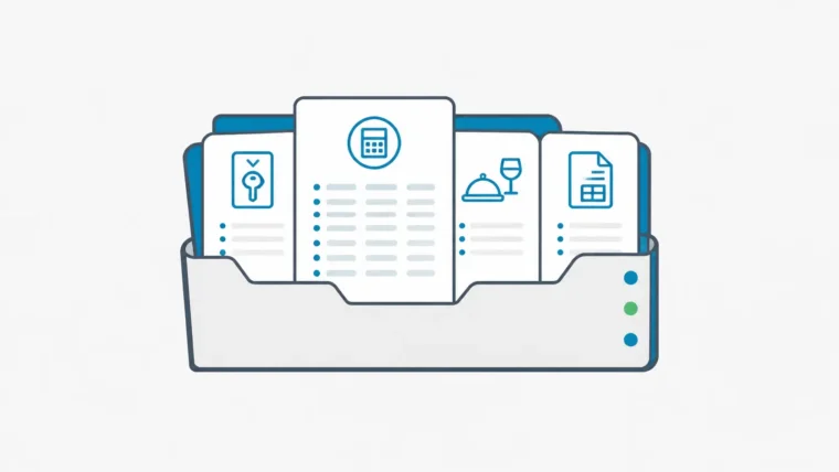 Hotel budgeting source-of-truth binder with planning slips, property tabs, and owner packet details.