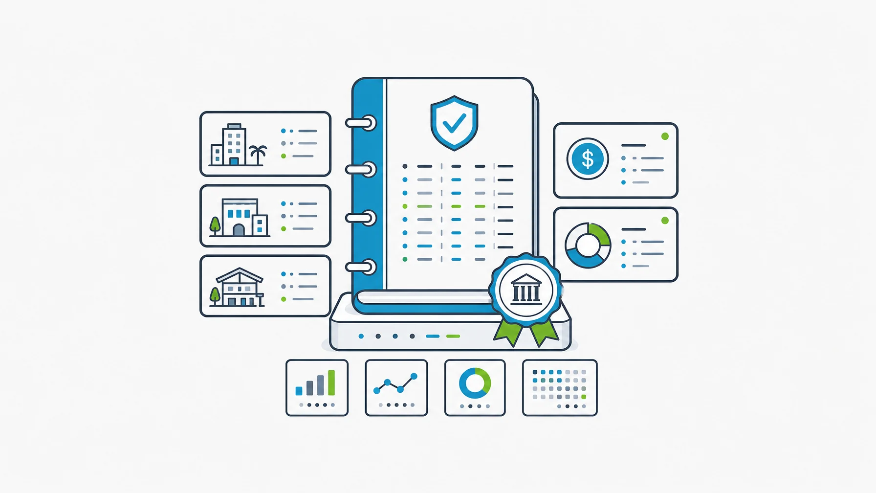 Governed hotel BI source-of-truth ledger with property activity cards, finance cards, and KPI tiles.