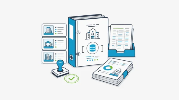 Hotel ERP source-of-truth binder with property activity cards, finance ledger, approval stamp, BI folio, and owner-reporting packet.