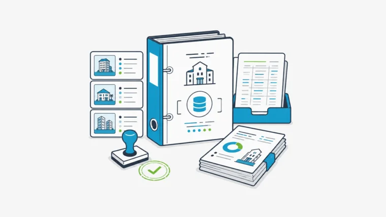 Hotel ERP source-of-truth binder with property activity cards, finance ledger, approval stamp, BI folio, and owner-reporting packet.