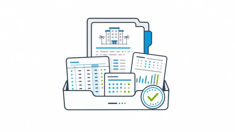 Hotel financial reporting owner packet with ledger, PMS activity, budget card, BI folio, and approval stamp.