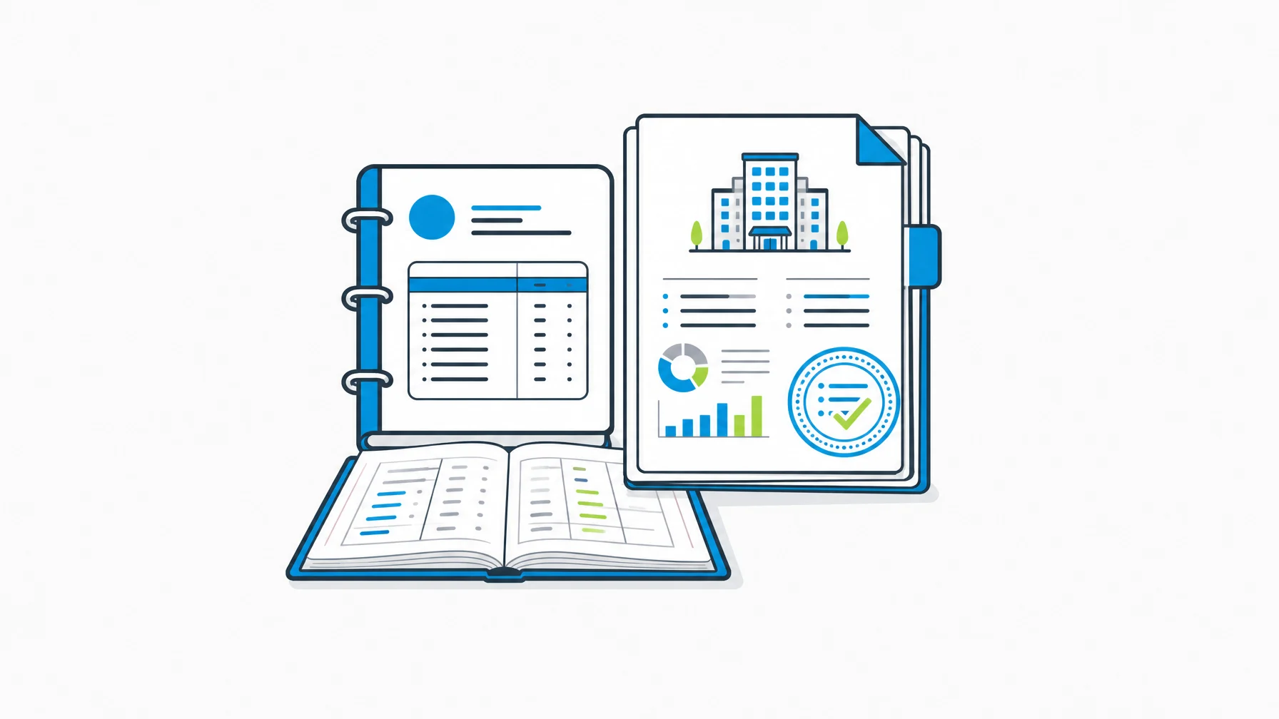 Hotel financial reporting packet beside a daily report binder and accounting ledger.