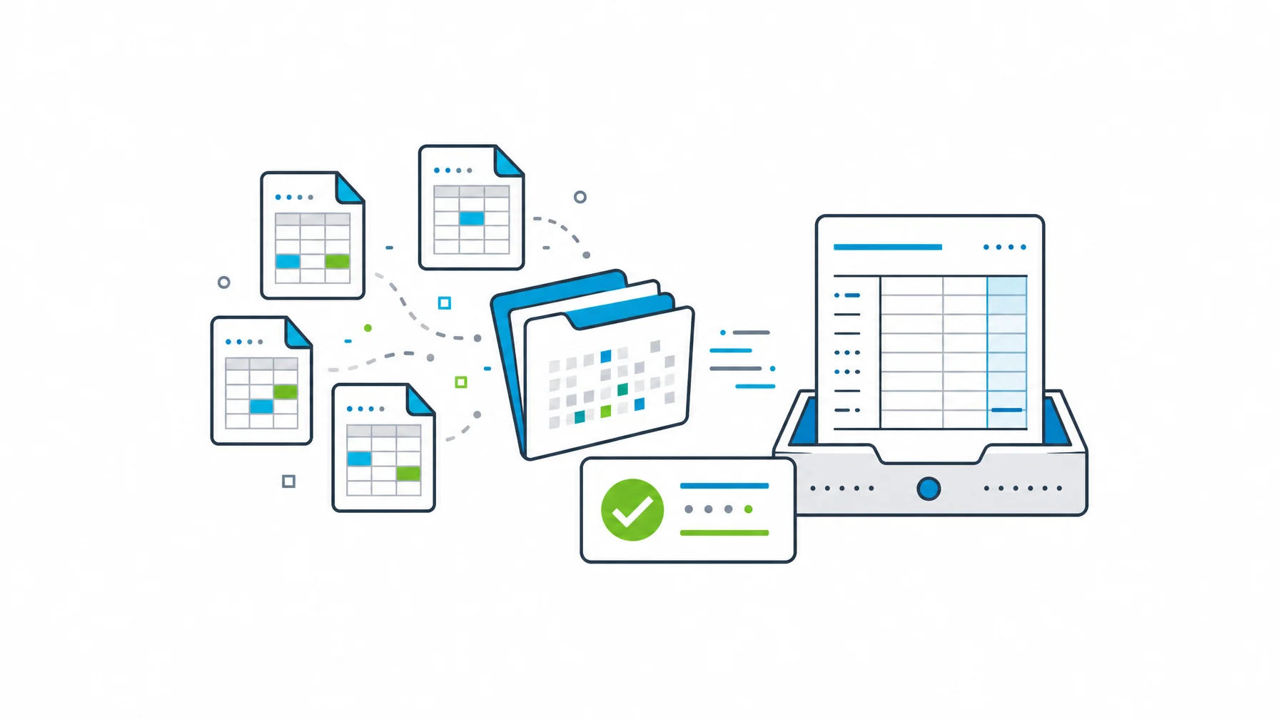 Disconnected spreadsheet folder being reconciled into a clean hotel financial reporting ledger.