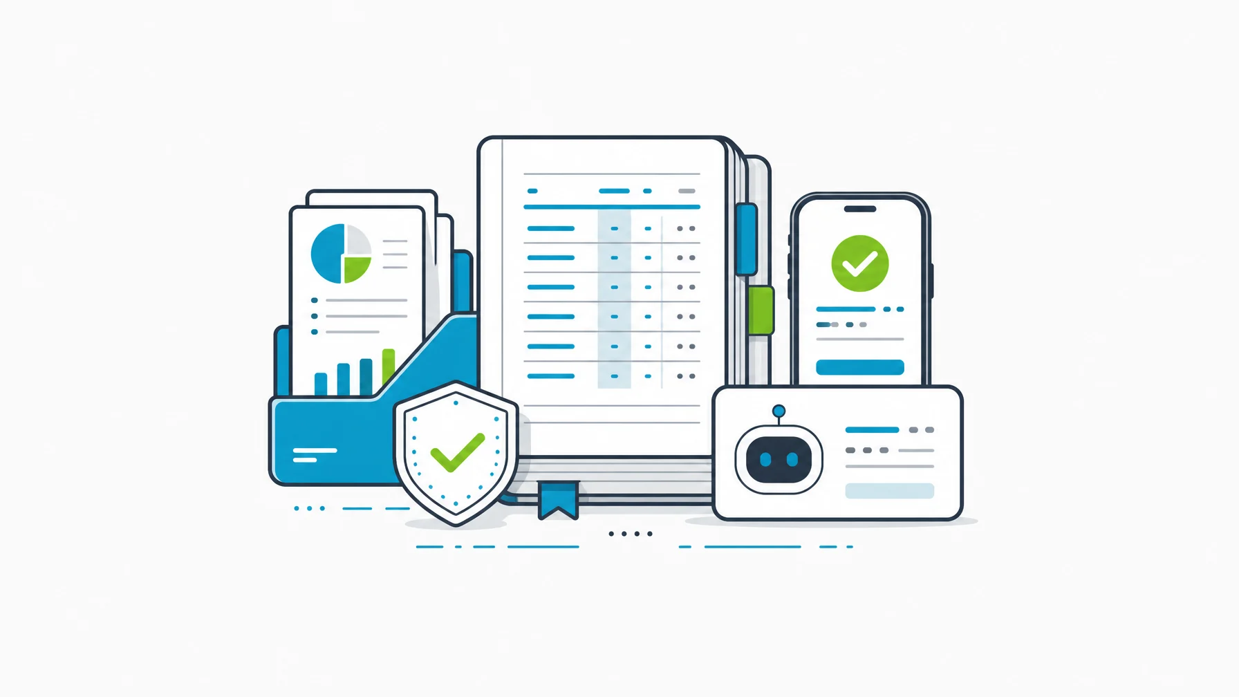 Hotel financial reporting BI folio, mobile approval device, and governed AI assistant object around a ledger.