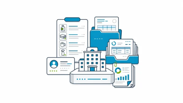Hotel inventory management software source-of-truth folio with stock items, purchase orders, invoices, vendors, and property reporting cards.