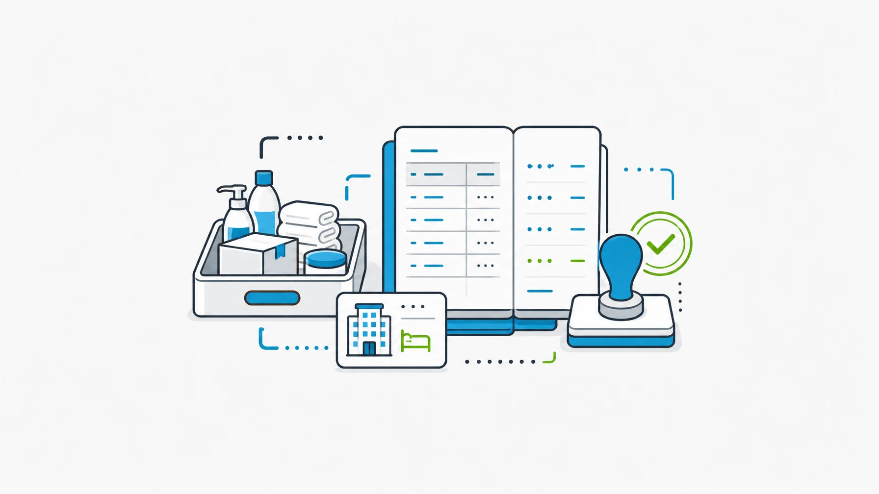 Hotel inventory management software stock-item tray connected to a finance ledger and approval stamp.