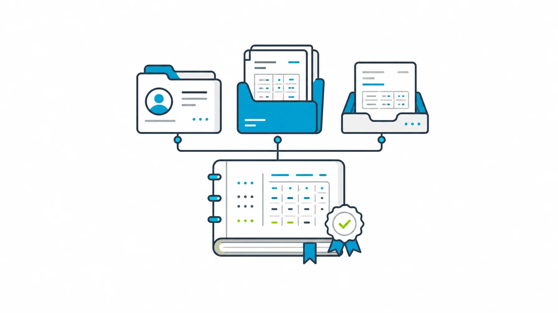Hotel inventory management software vendor file, purchase-order folder, and invoice tray connected to one governed ledger.