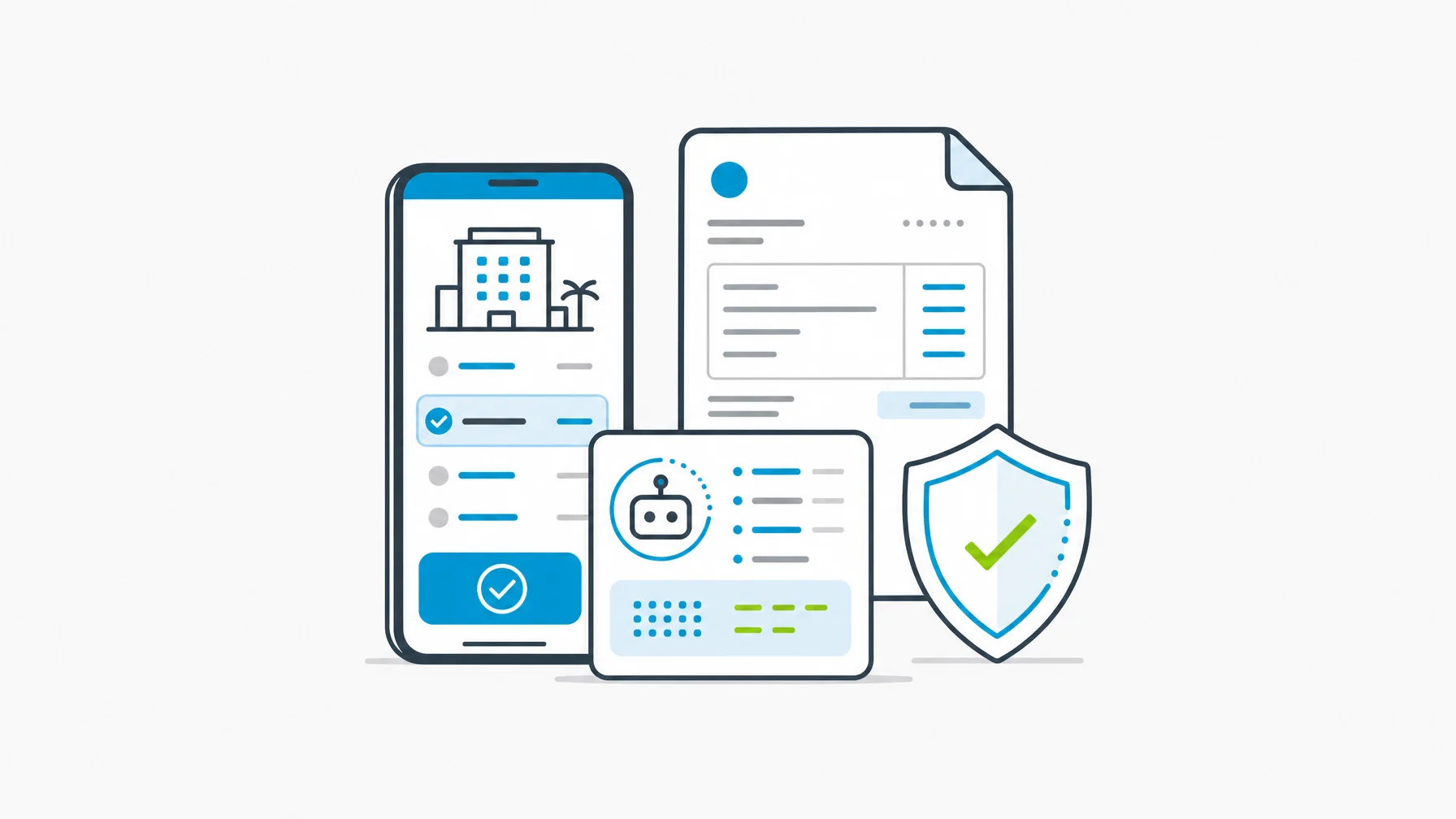 Hotel inventory management software mobile approval kit beside an AI-assisted invoice coding card and audit shield.