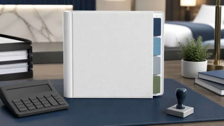 Hotel kpi executive review binder with blank reporting tabs and approval objects.