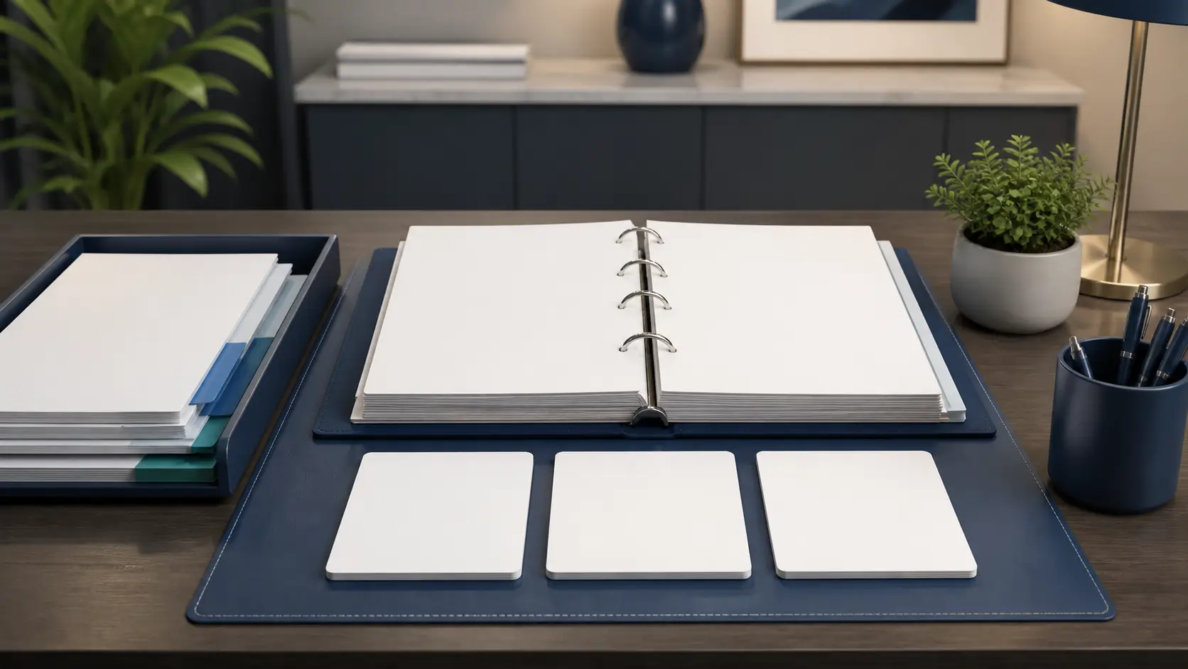 Hotel kpi daybook beside ledger tray and blank performance cards.