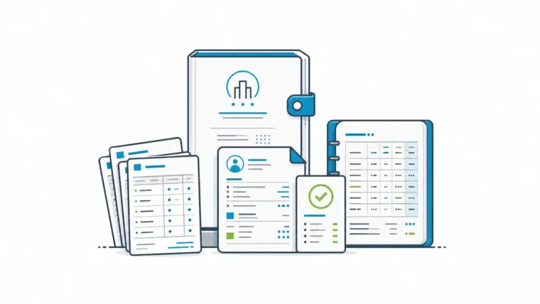 Hotel night audit packet with daily revenue cards, PMS folio, reconciliation check, and finance ledger.