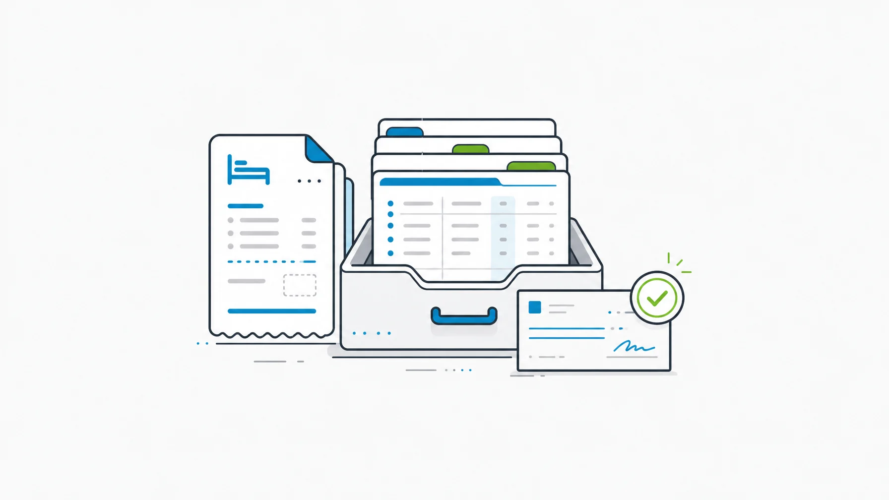 Hotel night audit folio moving into a governed hotel finance ledger with a reconciliation check object.