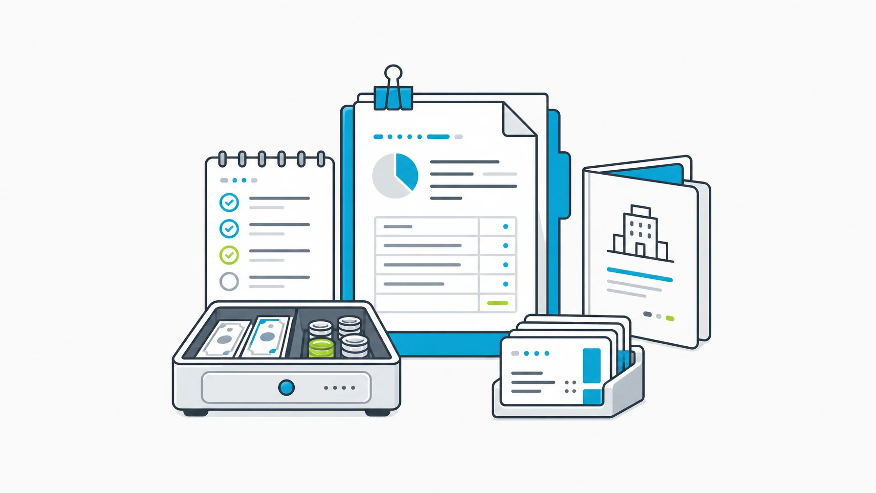 Hotel daily reporting packet with audit checklist, deposit drawer, revenue cards, and owner-ready summary folio.
