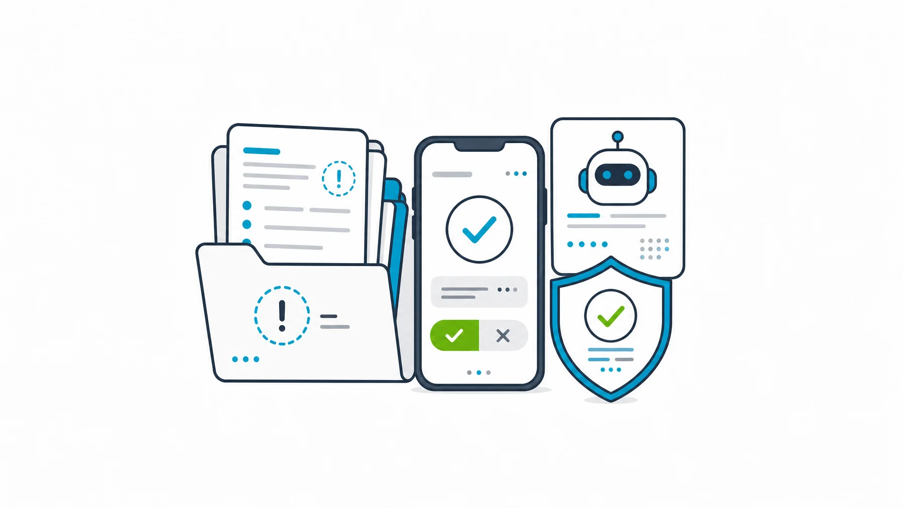 Hotel night audit exception folder beside mobile approval device, AI assistant card, and audit shield.