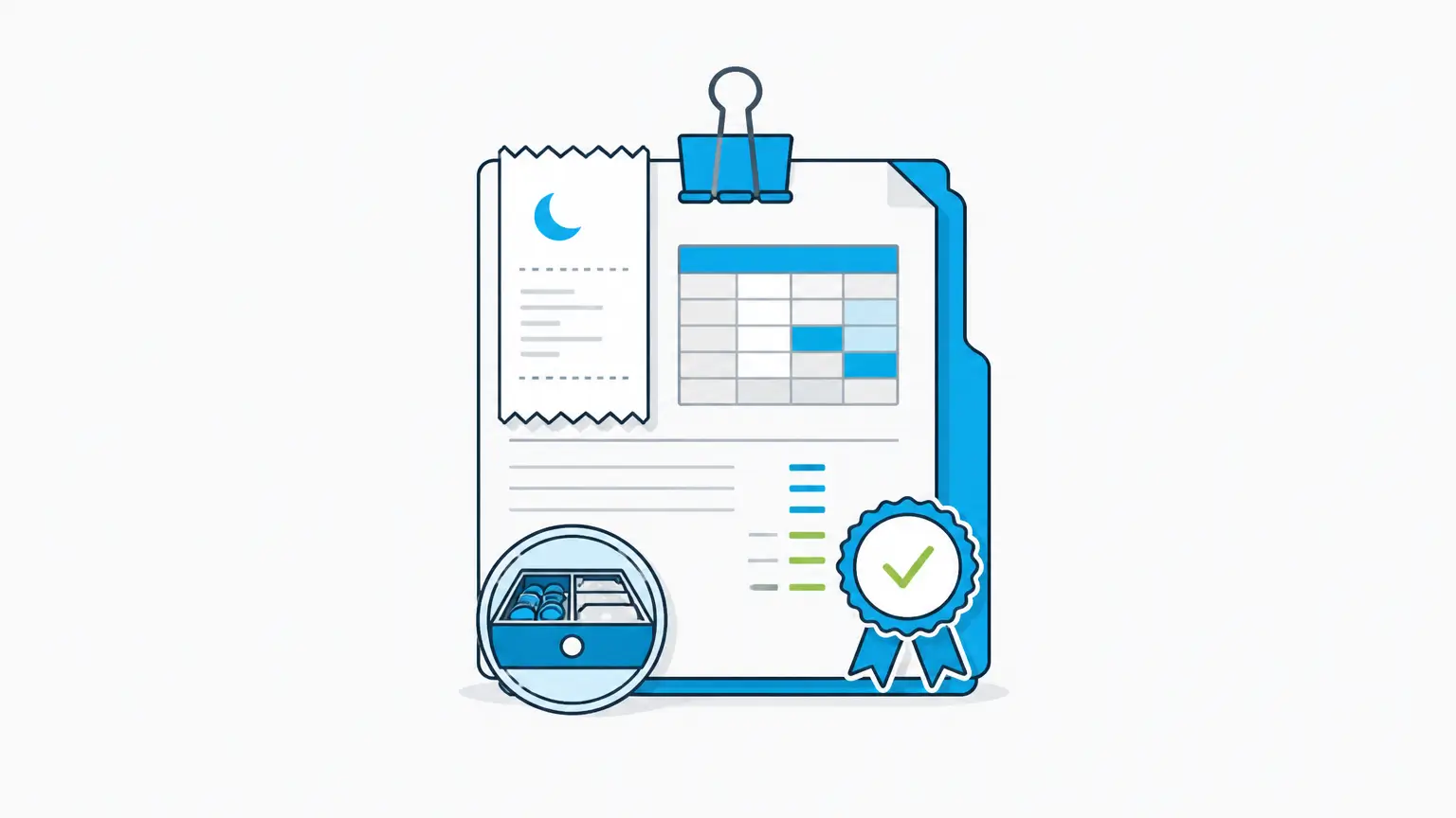Hotel operations illustration showing a centered daily report folio that is ready for finance review.