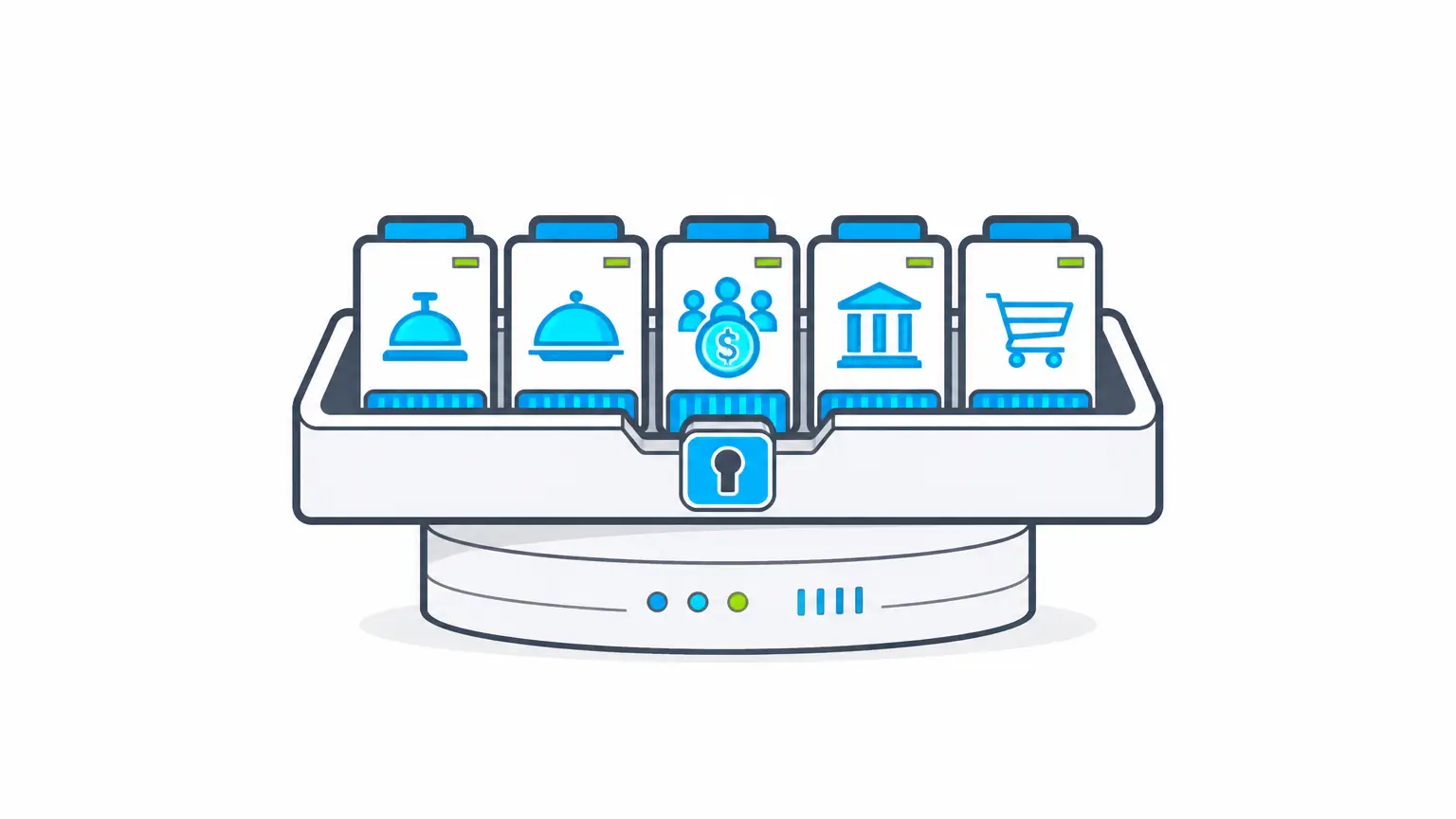 Hotel operations illustration showing a centered integration dock that turns hotel system activity into usable records.