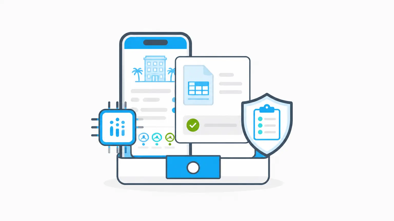 Hotel operations illustration showing a centered mobile action kit with approval, AI, and audit controls.