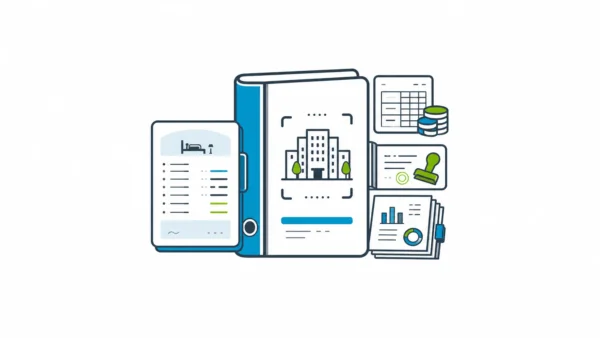 Hotel property management system folio beside a governed ERP binder with property, finance, approval, and owner-reporting objects.