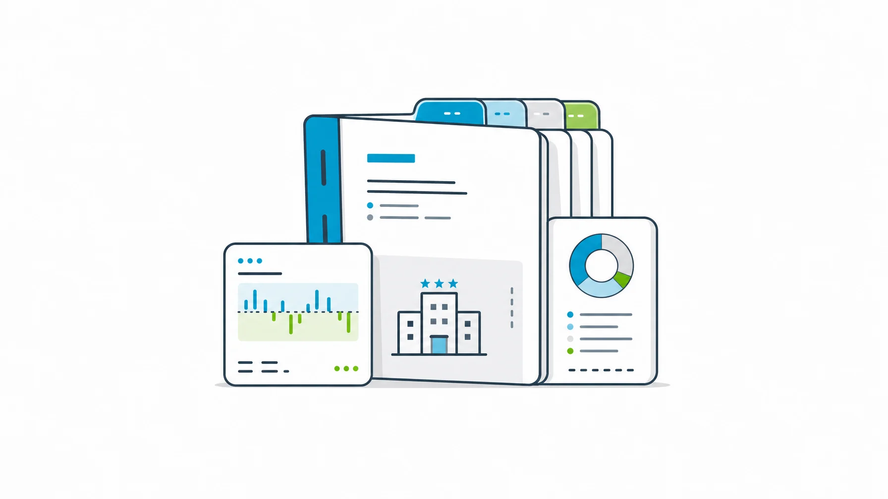 Hotel revenue management owner packet with blank property tabs, variance card, and forecast summary object.