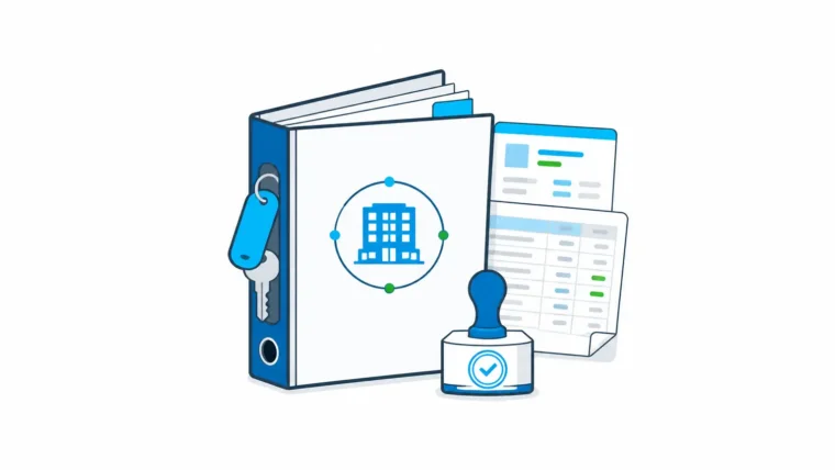 Featured image for hotel software showing a centered source-of-truth binder with room key, ledger sheet, approval stamp, and PMS card details.