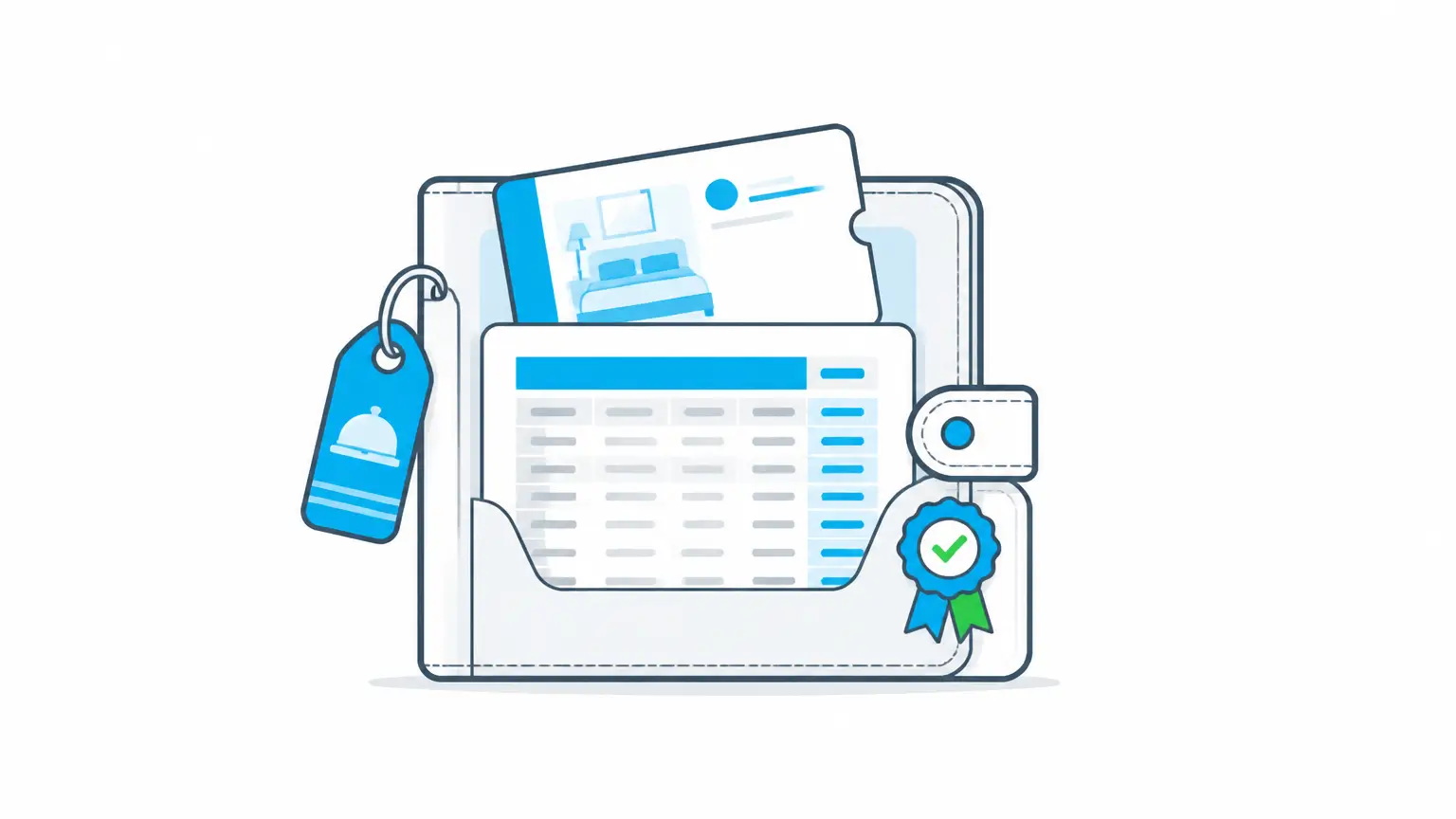 Hotel software illustration showing one centered folio where PMS activity becomes finance-ready operating records.