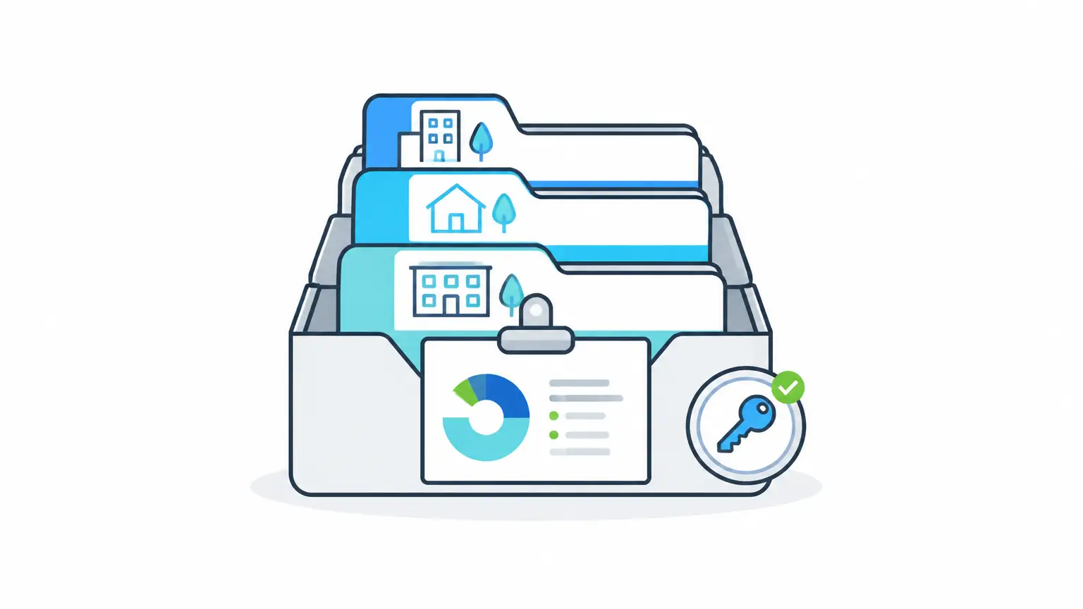 Hotel software illustration showing a centered portfolio ledger with property tabs and owner reporting details.