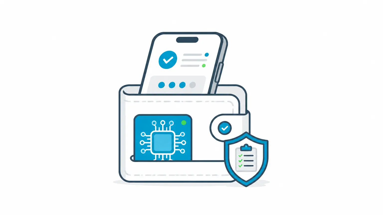 Hotel software illustration showing a centered mobile approval wallet with governed AI and audit shield details.
